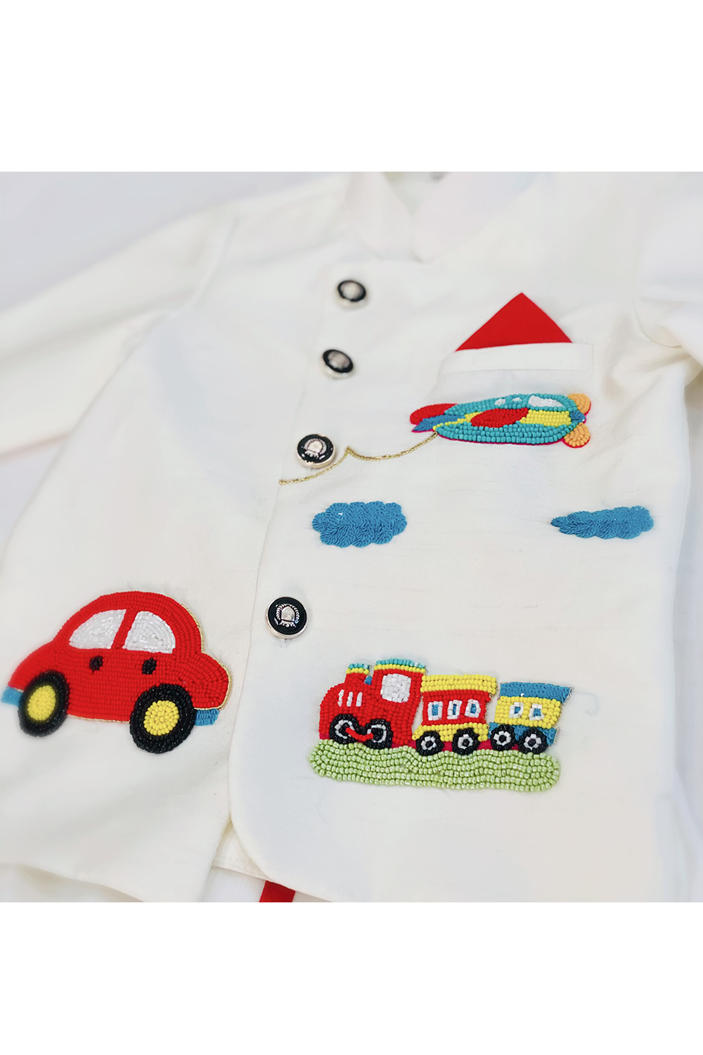 Car aeroplane embroidered white bandhgala with dhoti set