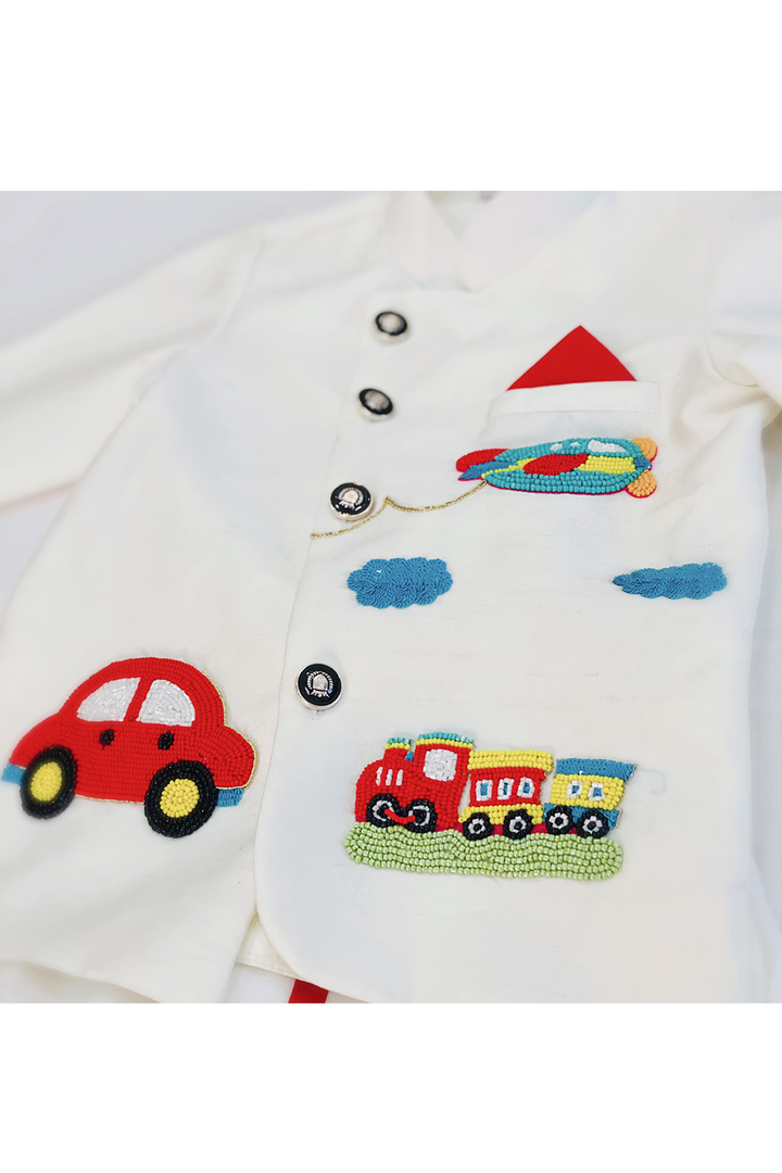 Car aeroplane embroidered white bandhgala with dhoti set