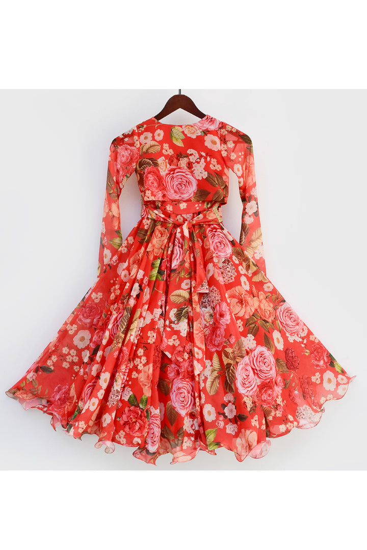 Red Floral Printed Criss Cross Choli With Lehenga Set