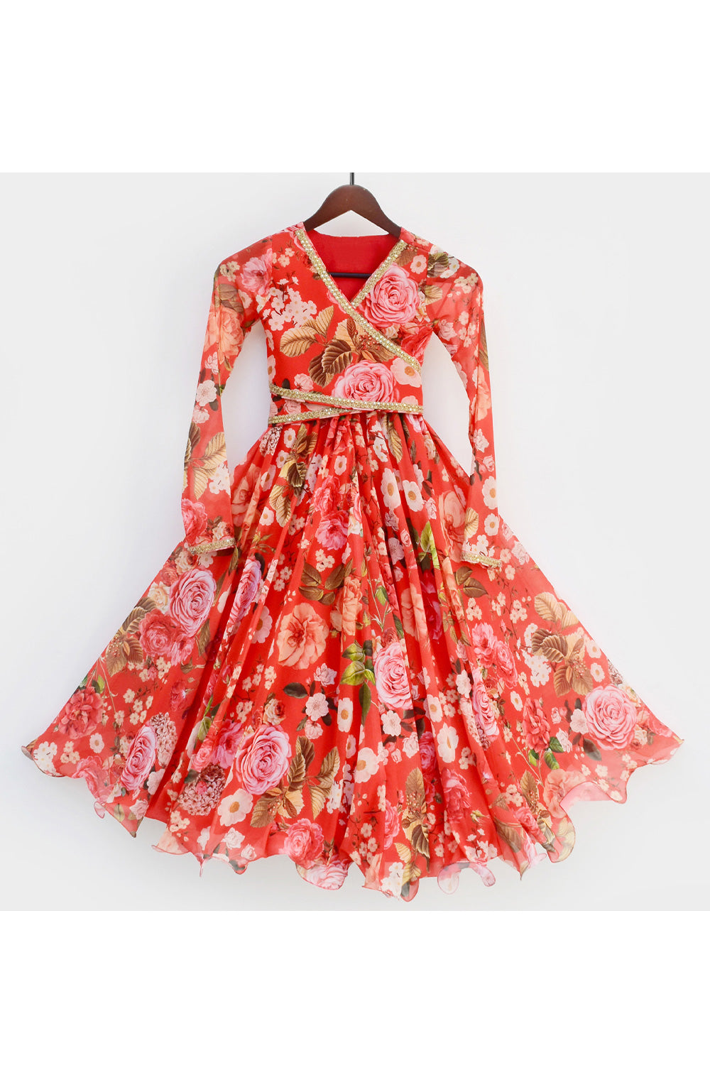 Red Floral Printed Criss Cross Choli With Lehenga Set