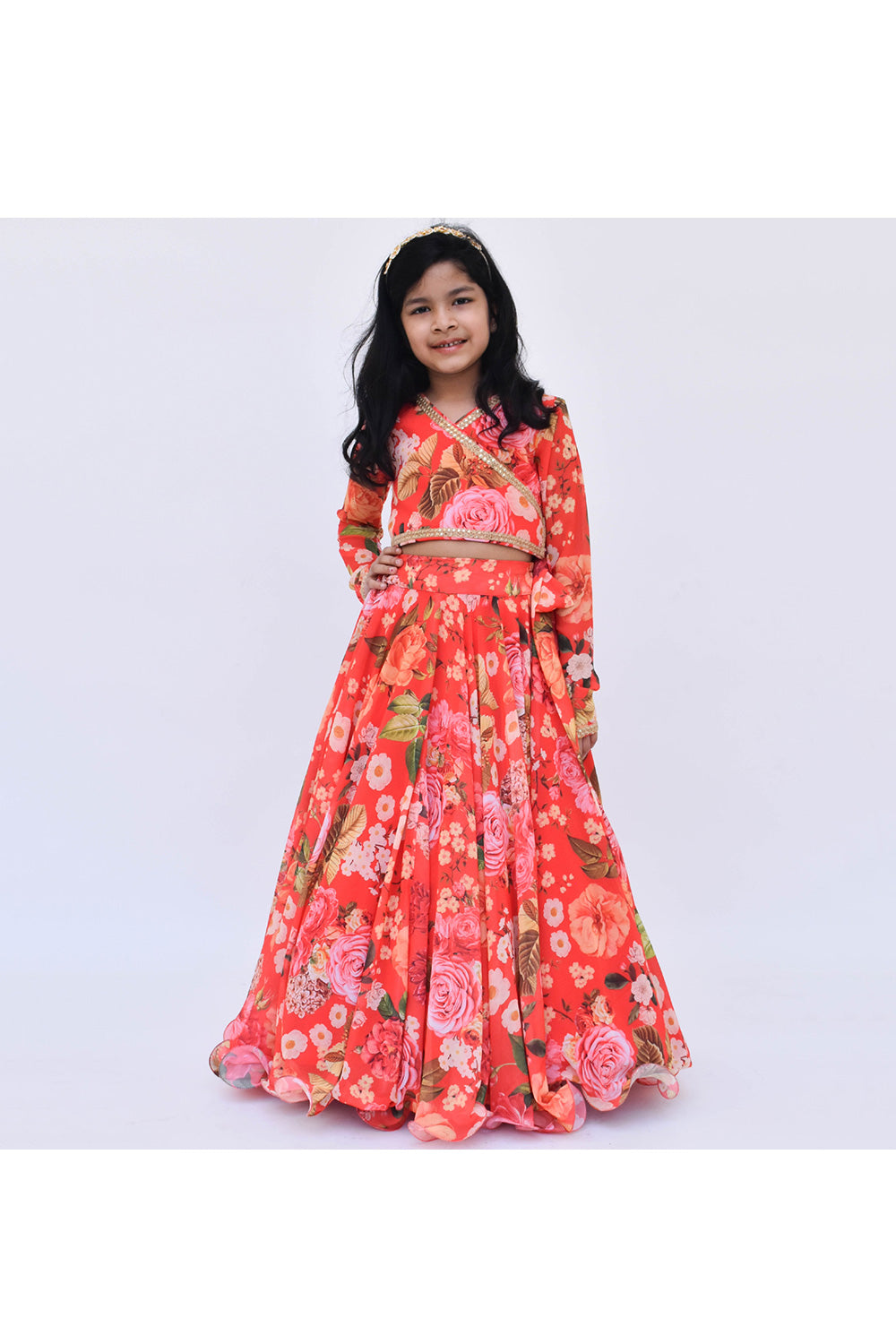 Red Floral Printed Criss Cross Choli With Lehenga Set