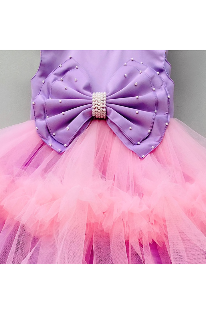 Purple hand embellished bow with pink flared net dress