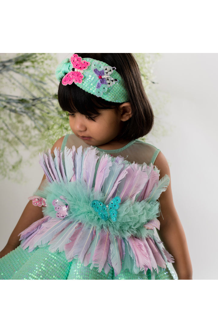 Sea Green Feather Detailing Sequins Gown