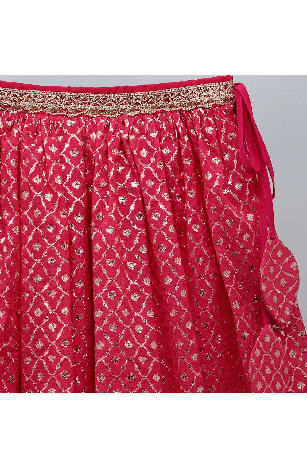 Fuschia Pink Ruffled Top With Cotton Zari Embroidered Lehenga