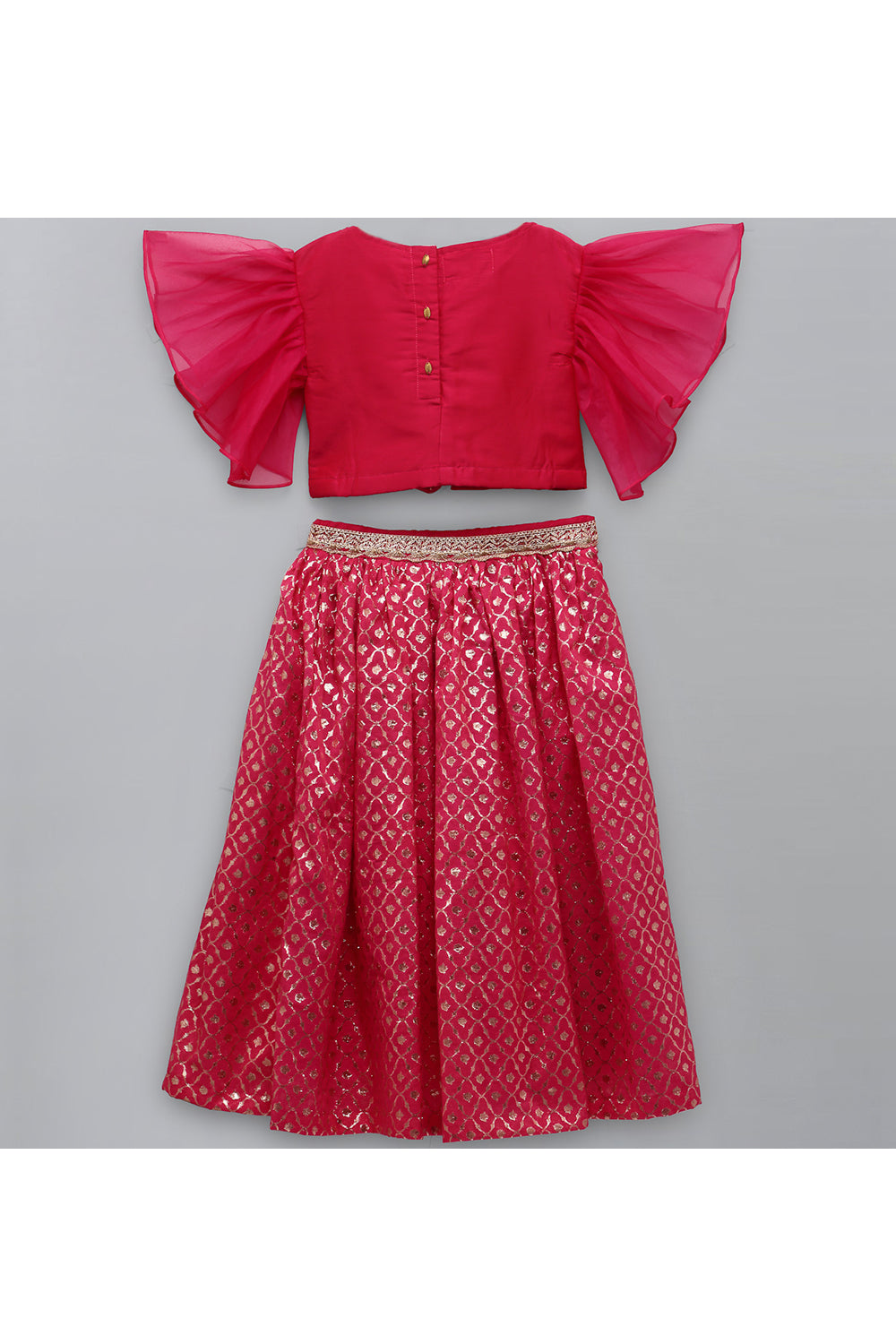 Fuschia Pink Ruffled Top With Cotton Zari Embroidered Lehenga