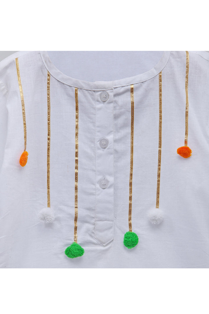 White Tricolor Pom Pom Kurta With Pyjama Set