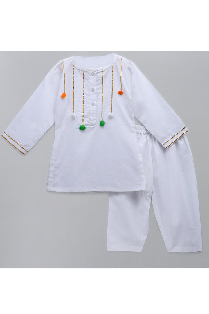 White Tricolor Pom Pom Kurta With Pyjama Set