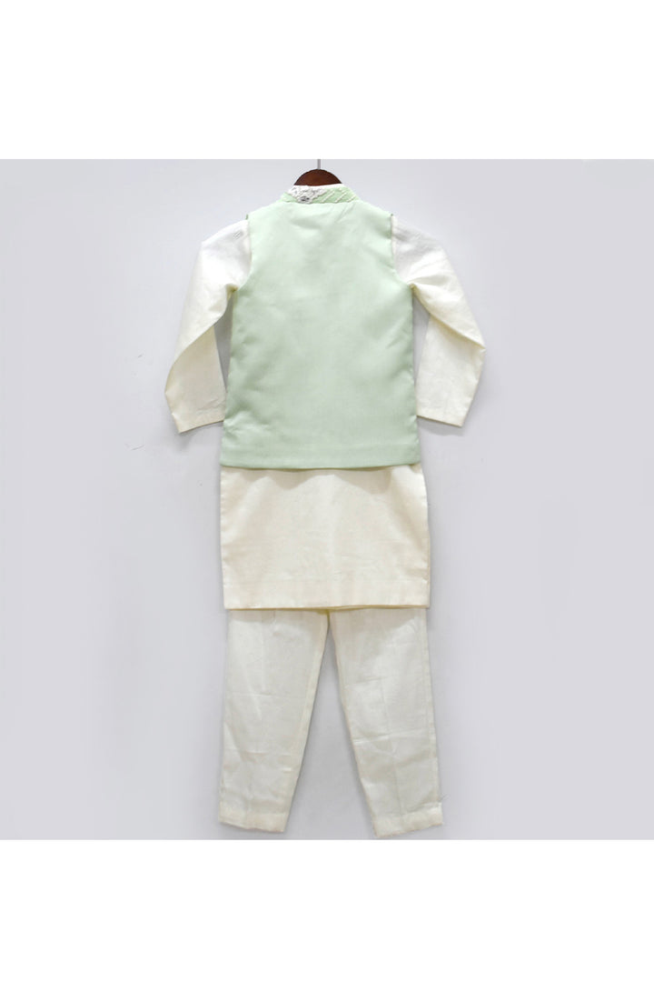 Off White Kurta With Pastel Green Pearl Embroidered Jacket Set
