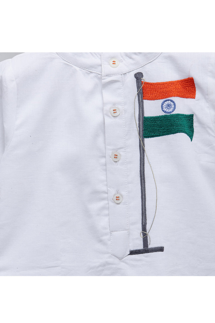 White Indian Flag Embroidered Kurta With Off White Pyjama