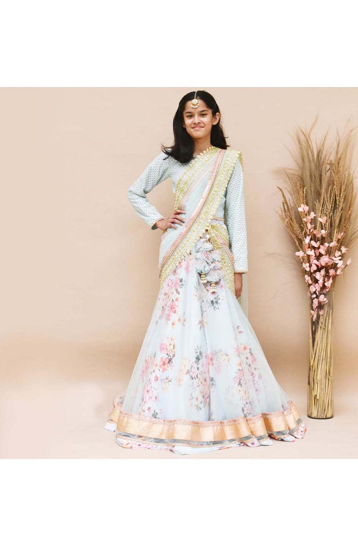 Aqua Blue Embroidered Choli With Printed Lehenga And Dupatta
