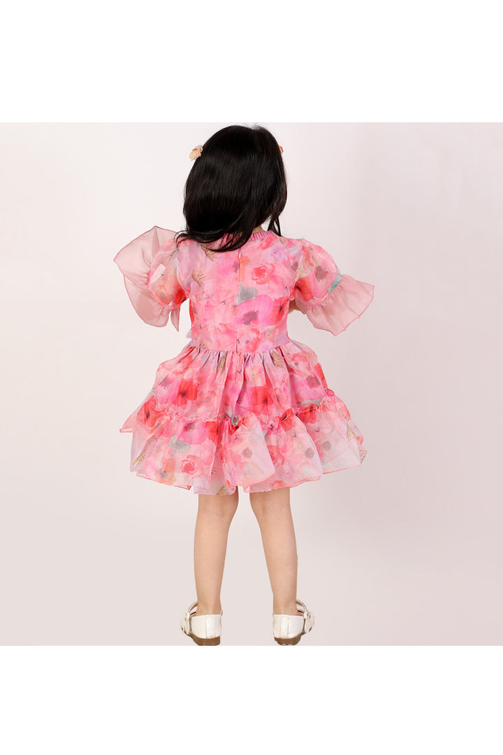 Rose Pink Floral Printed Organza Dress