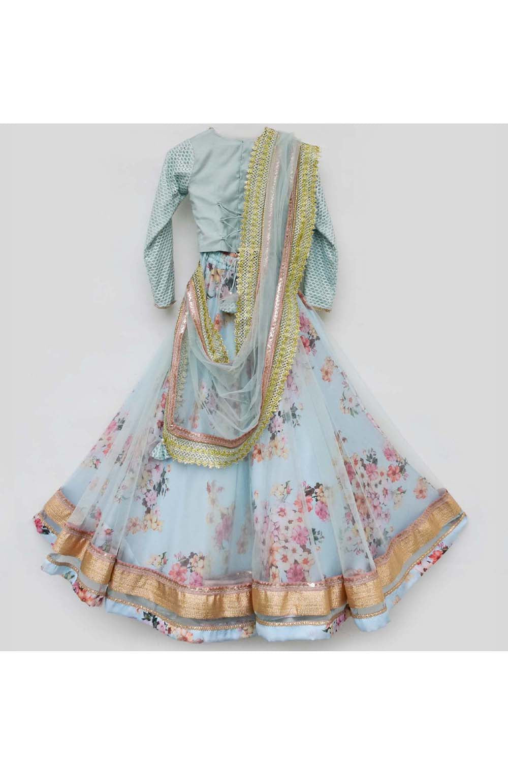Aqua Blue Embroidered Choli With Printed Lehenga And Dupatta