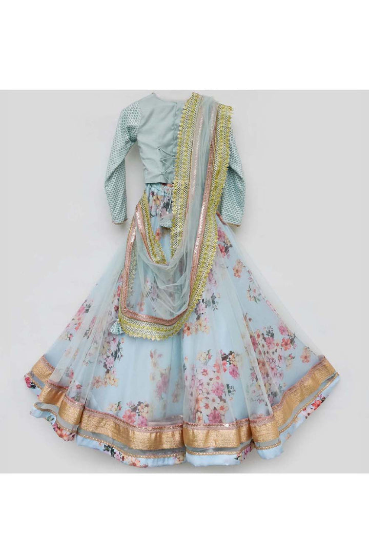 Aqua Blue Embroidered Choli With Printed Lehenga And Dupatta