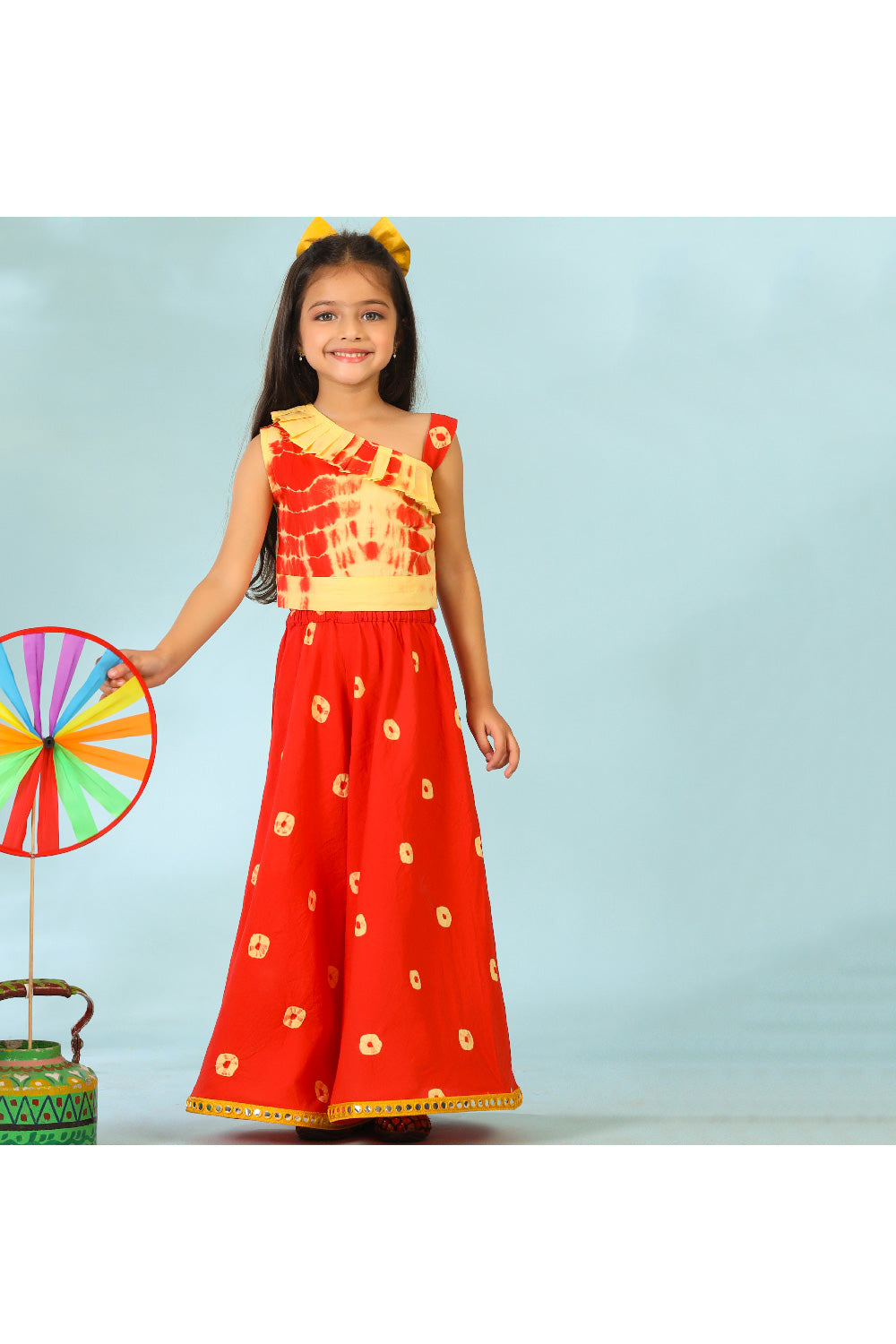 Yellow And Red Printed One Shoulder Cotton Top With Palazzo Set