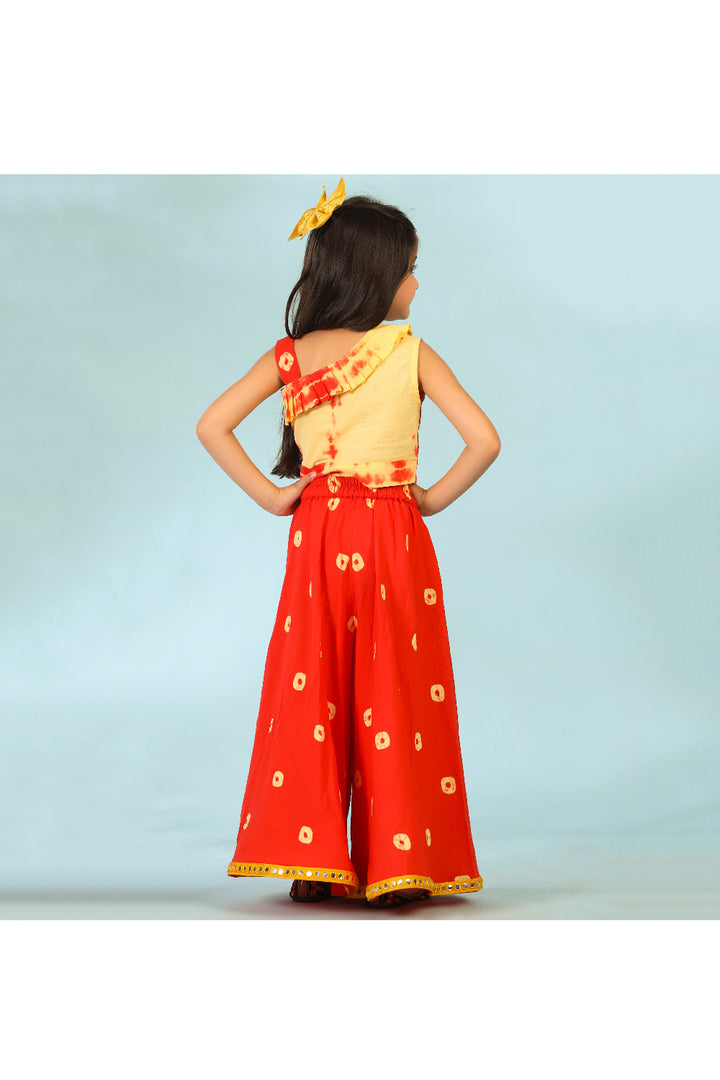 Yellow And Red Printed One Shoulder Cotton Top With Palazzo Set