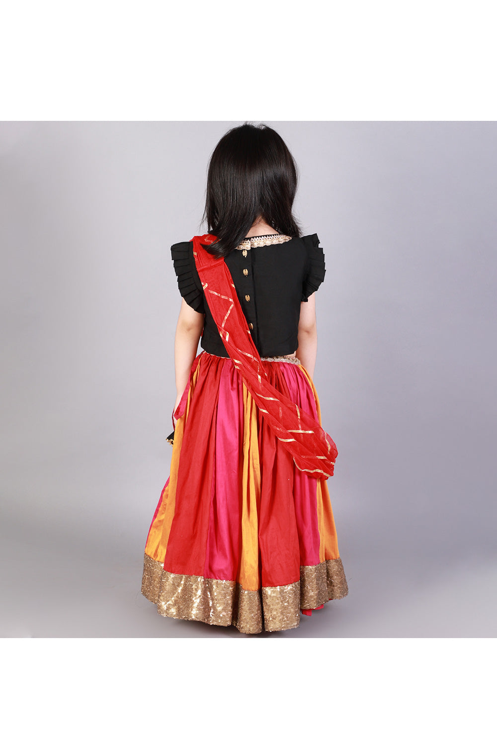 Black Cotton Silk Ruffle Top With Multicolor Lehenga Set