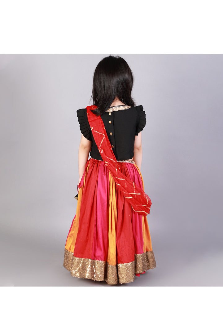 Black Cotton Silk Ruffle Top With Multicolor Lehenga Set