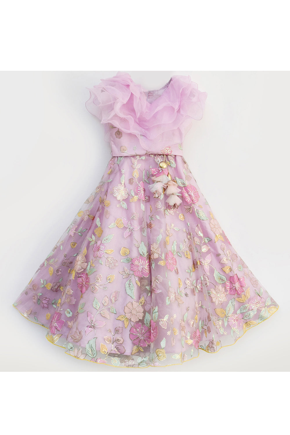 Lilac Ruffle Top With Floral Embroidered Lehenga Set