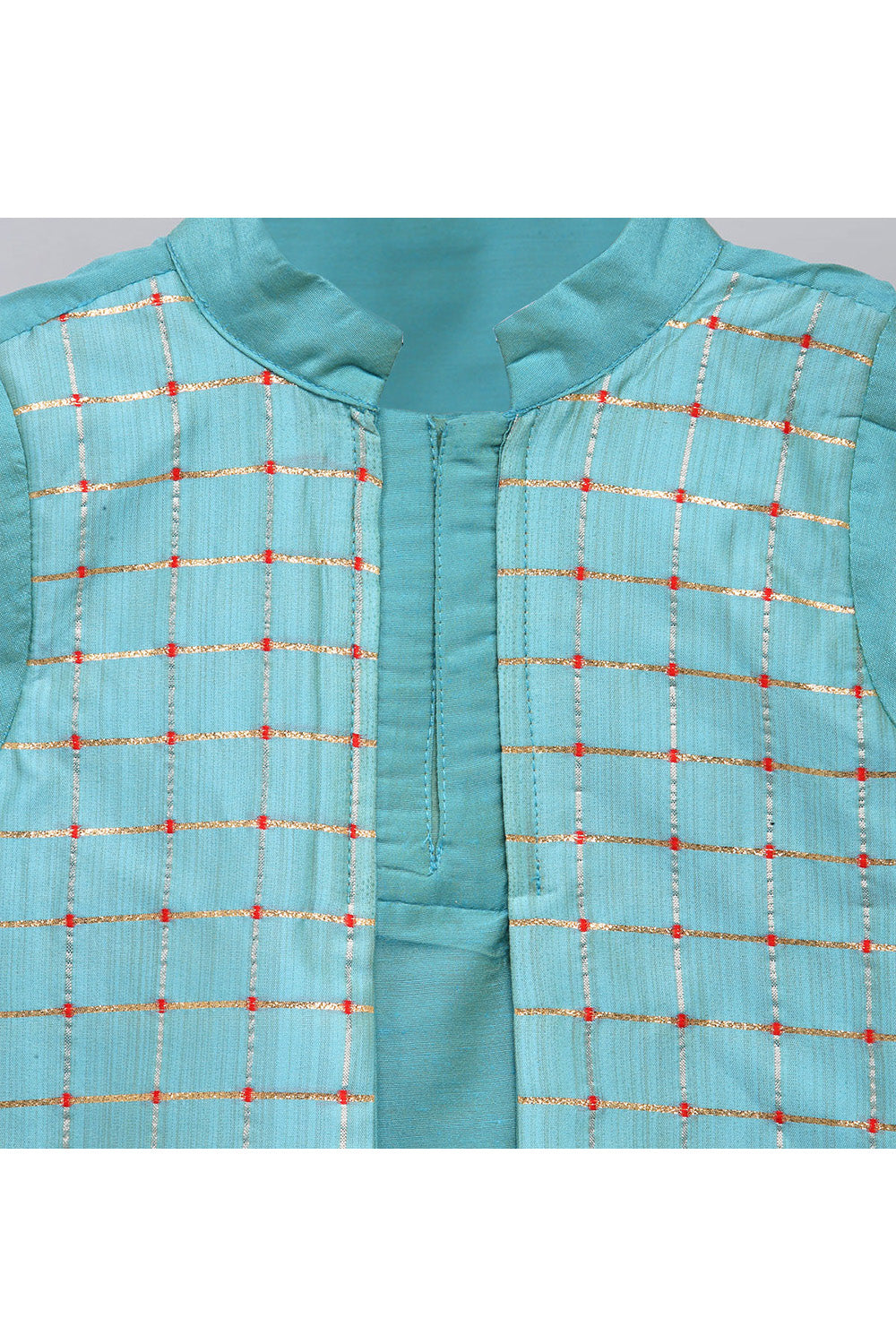 Blue Kurta With Printed Attached Jacket And Off White Pyjama
