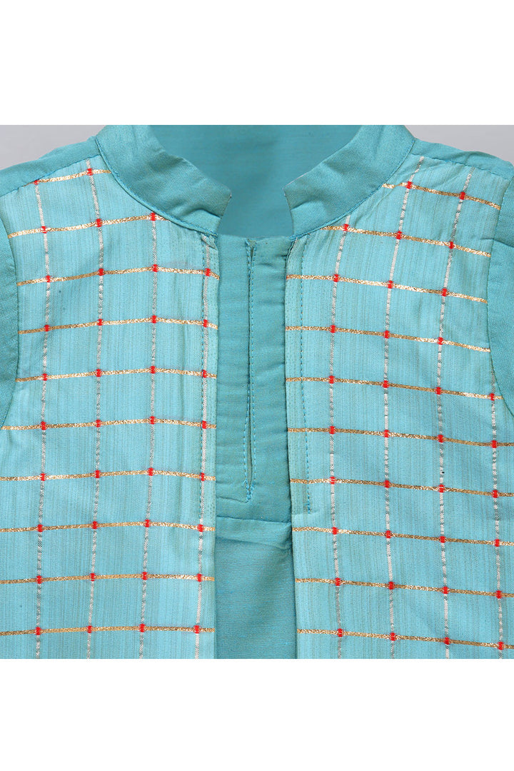 Blue Kurta With Printed Attached Jacket And Off White Pyjama
