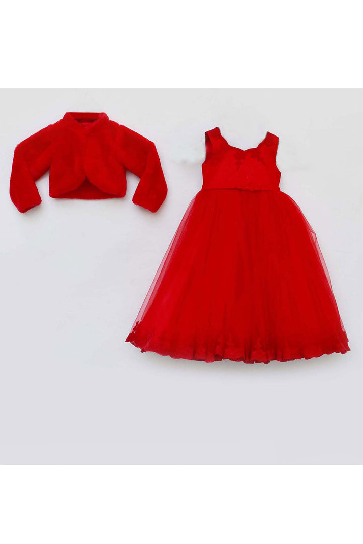 Red Embroidered Gown With Fur Jacket