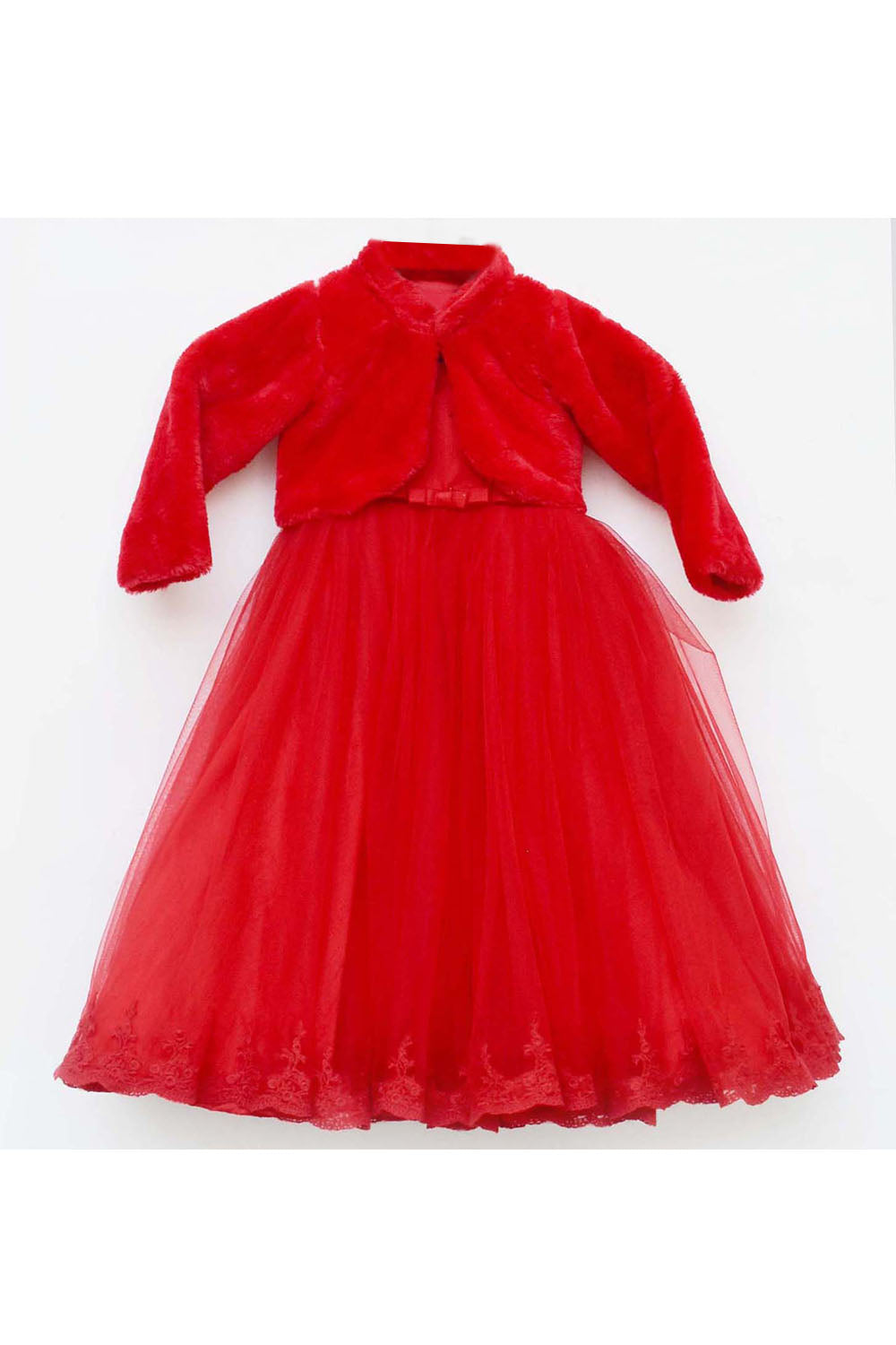 Red Embroidered Gown With Fur Jacket