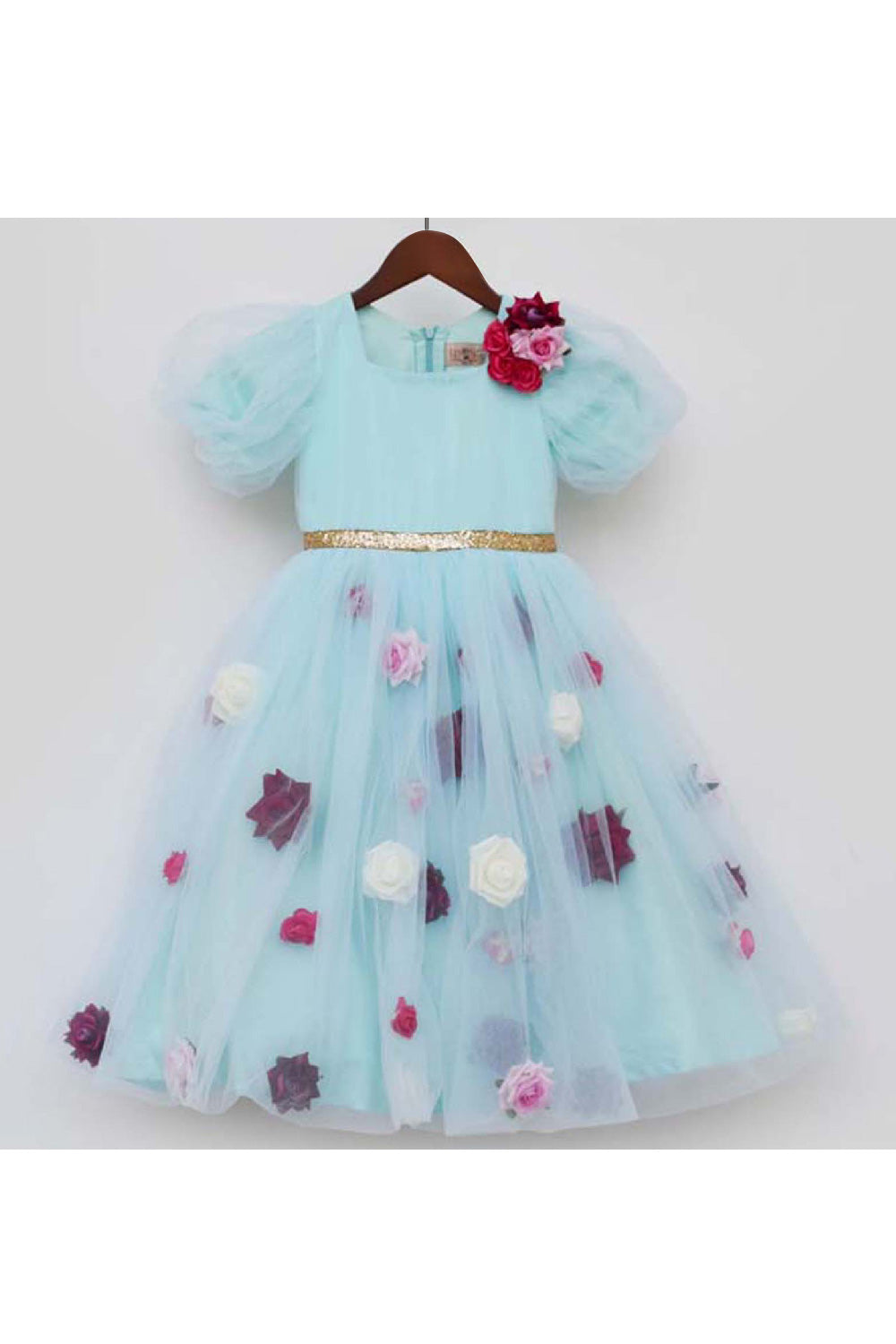 Blue 3D Flower Embroidered And Sequins Detailing Net Dress