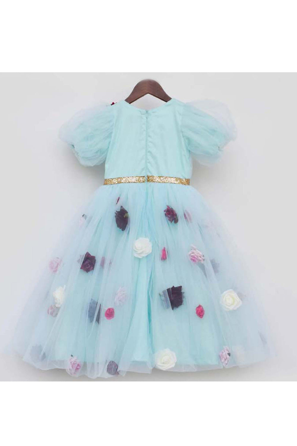Blue 3D Flower Embroidered And Sequins Detailing Net Dress