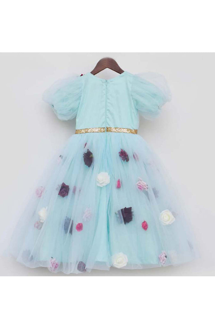 Blue 3D Flower Embroidered And Sequins Detailing Net Dress