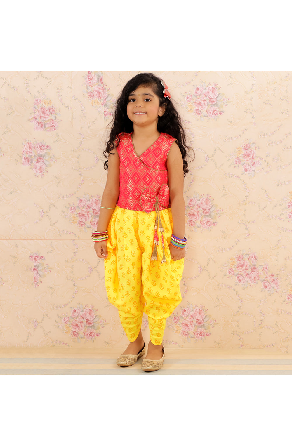 Red brocade bow top with flower printed dhoti