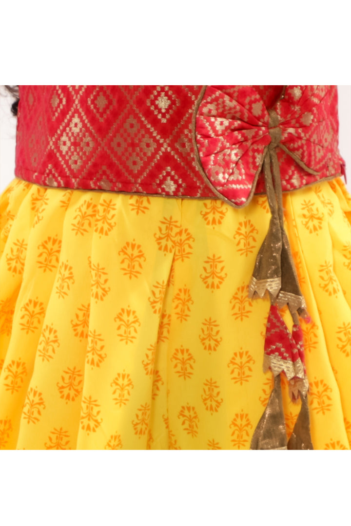 Red brocade bow top with flower printed dhoti