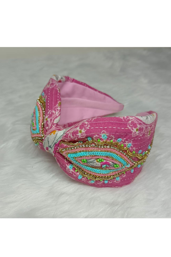 Pink Beads And Pearls Detailing Cotton Hairband