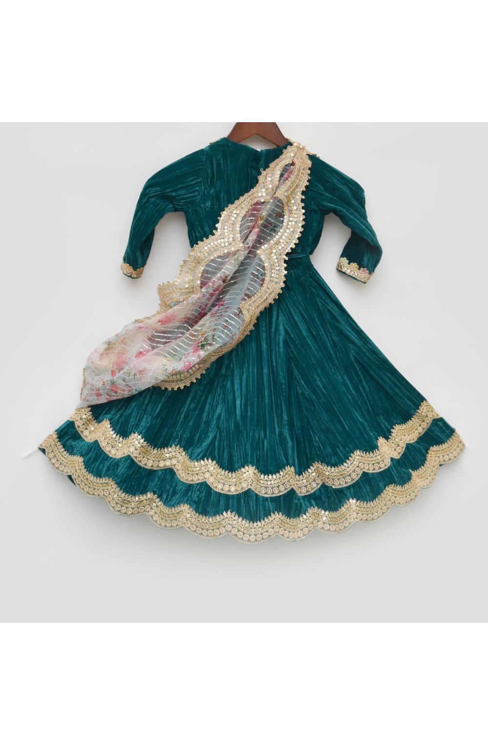 Green Crinkle Velvet Embroidered Top With Lehenga Set
