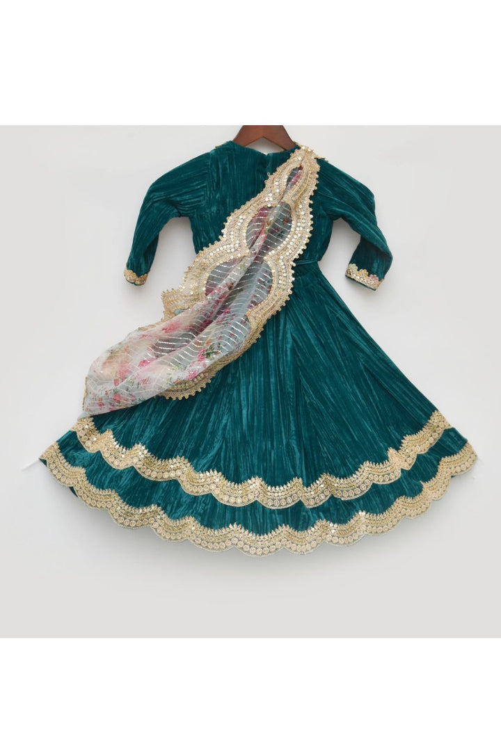 Green Crinkle Velvet Embroidered Top With Lehenga Set