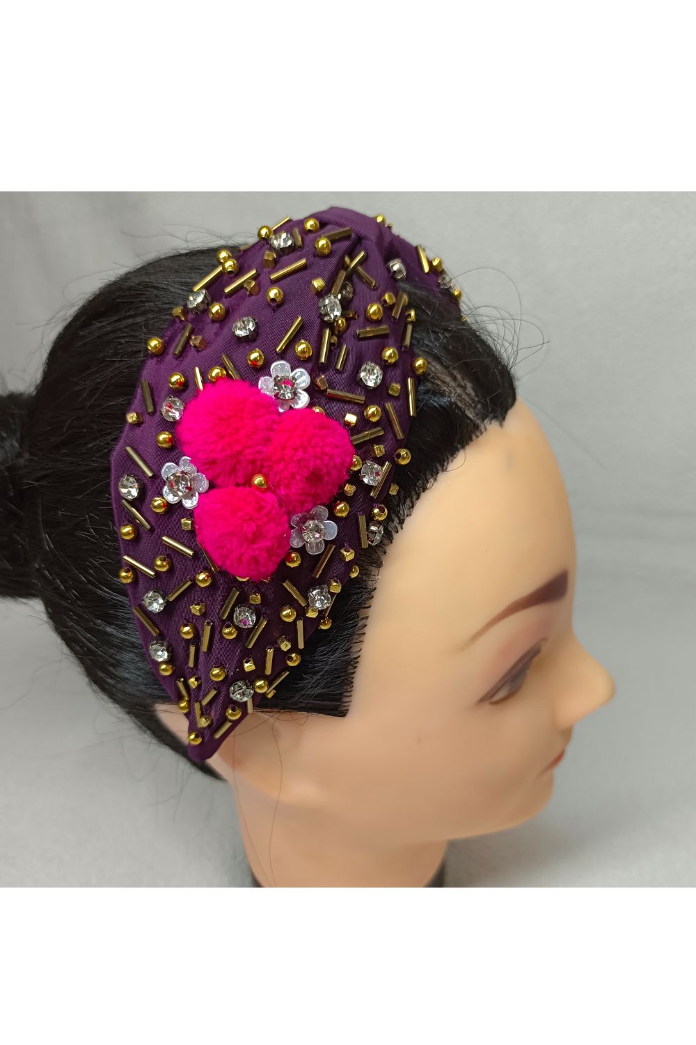 Wine Pom Pom Detailing Crepe Hairband