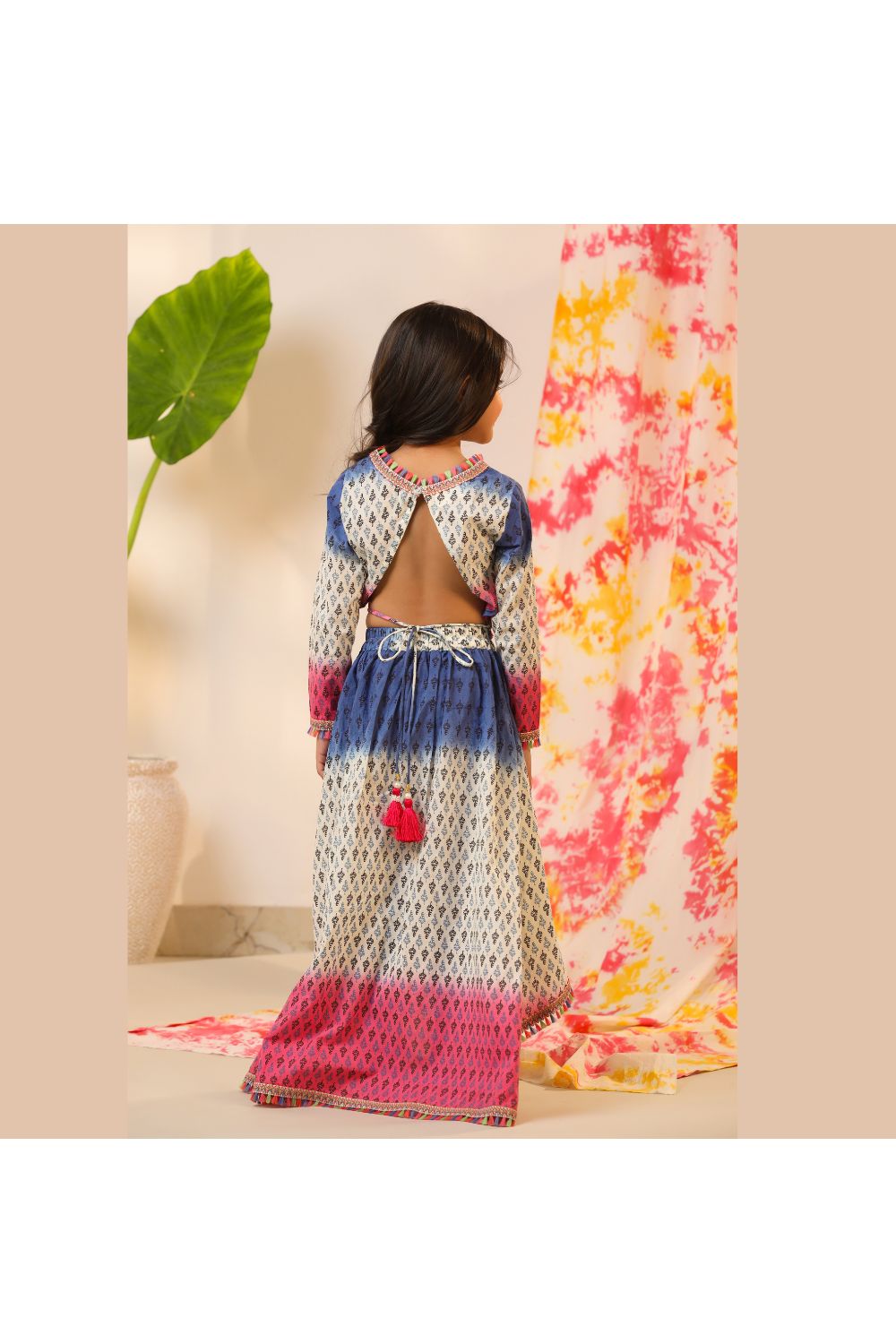 Pink And Blue Printed Cotton Top With Lehenga Set