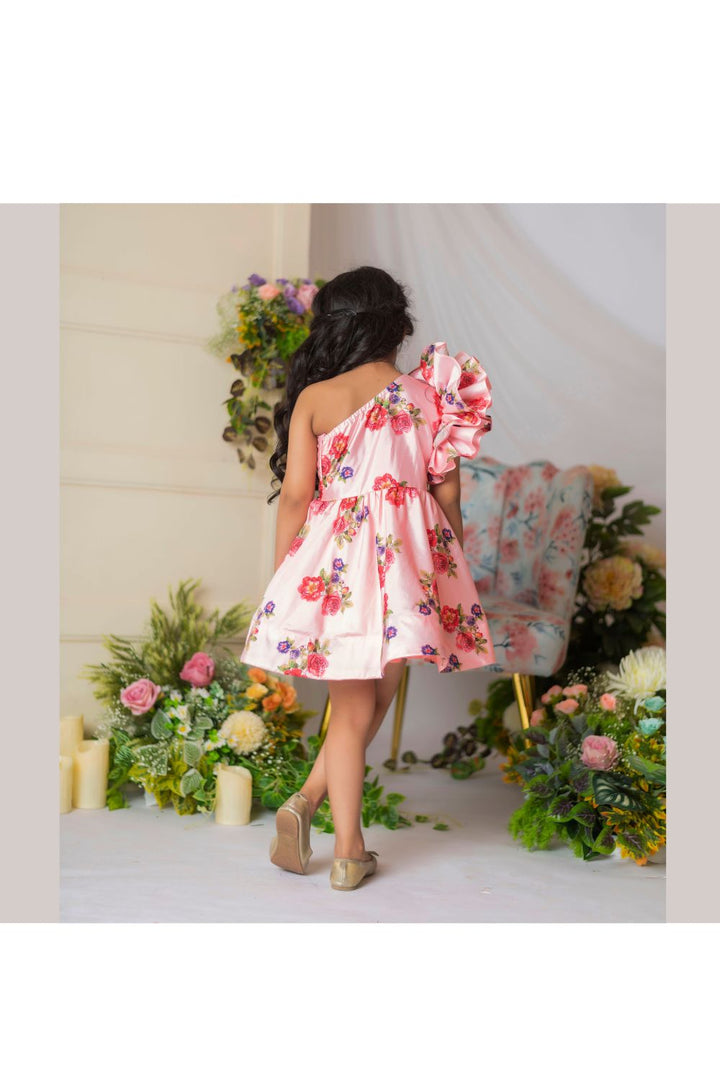 Peach Rose Printed One Shoulder Dress