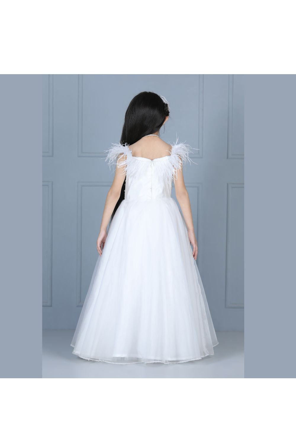 White Pearl And Feather Detailing Net Gown