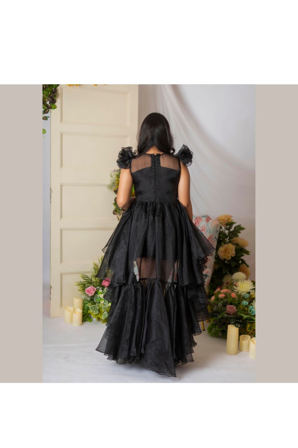 Black Flower Embellished High Low Dress