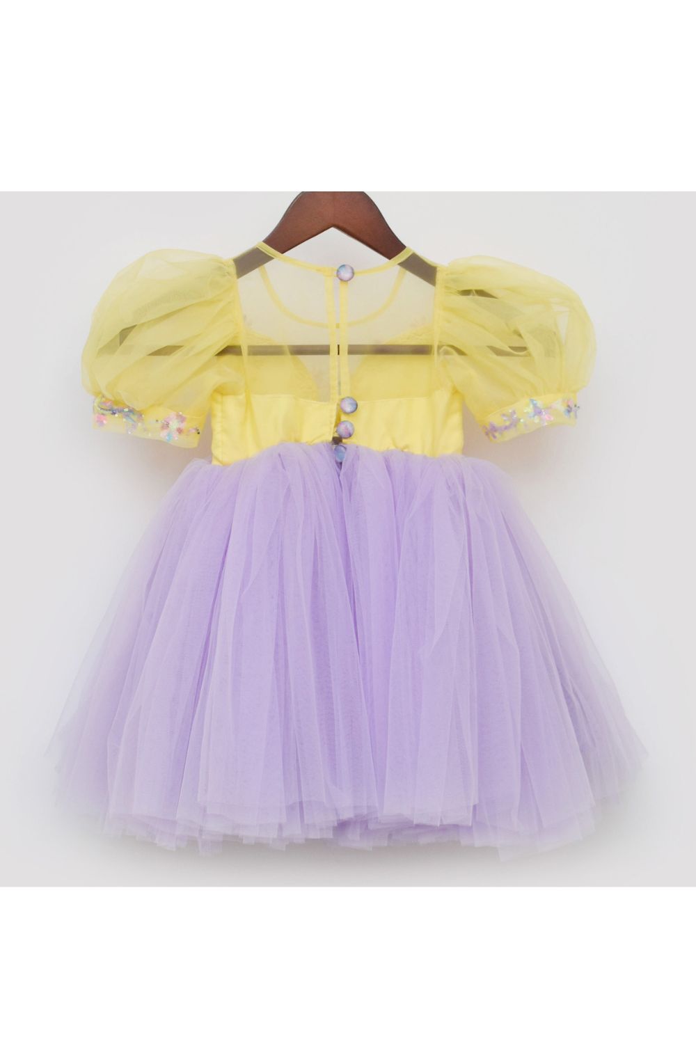 Yellow And Lilac Flower Embroidered Net Dress