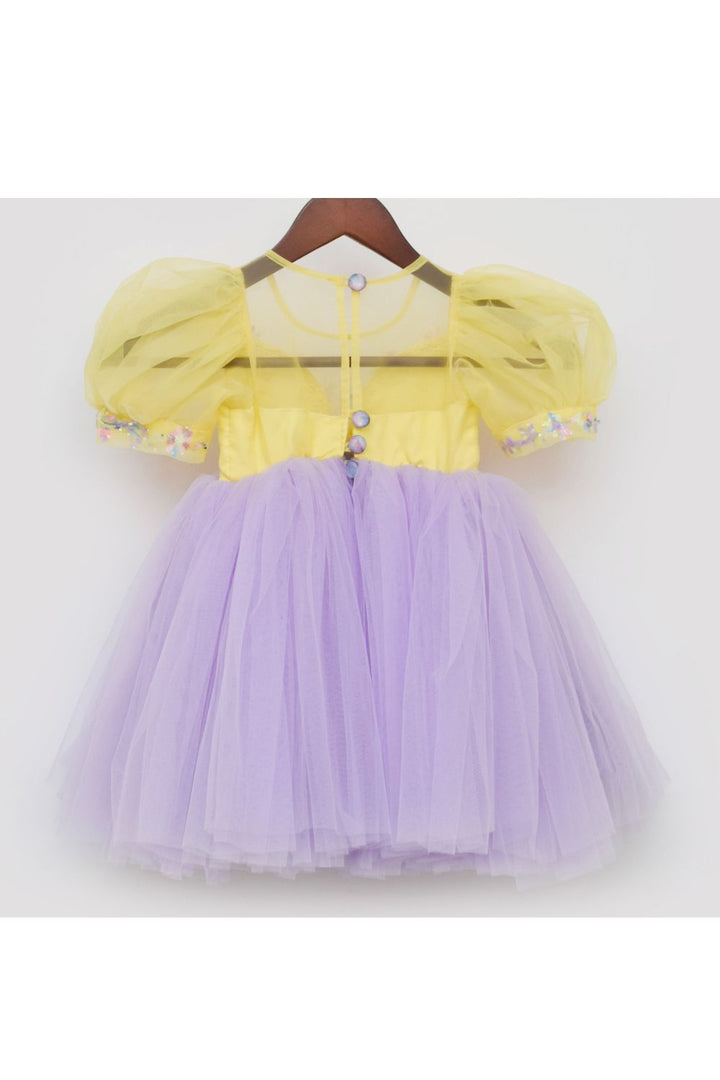 Yellow And Lilac Flower Embroidered Net Dress