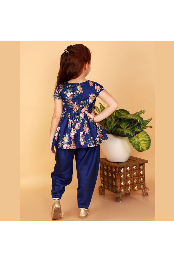 Blue Floral Printed Peplum Style Top With Dhoti Set