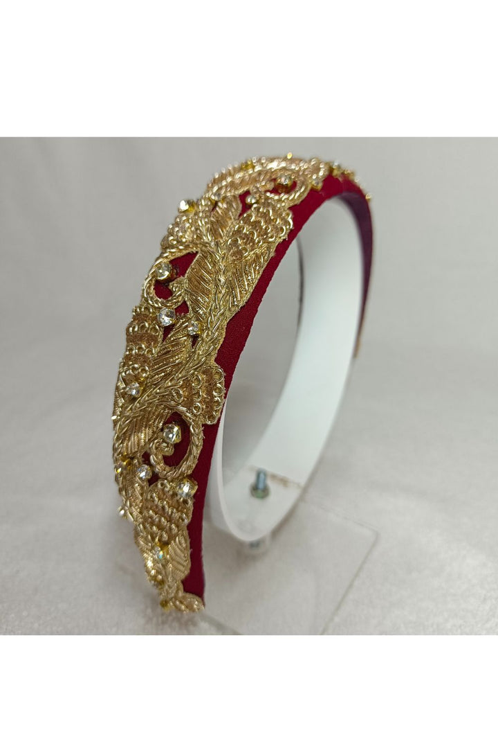 Maroon And Golden Embroidered Georgette Hairband