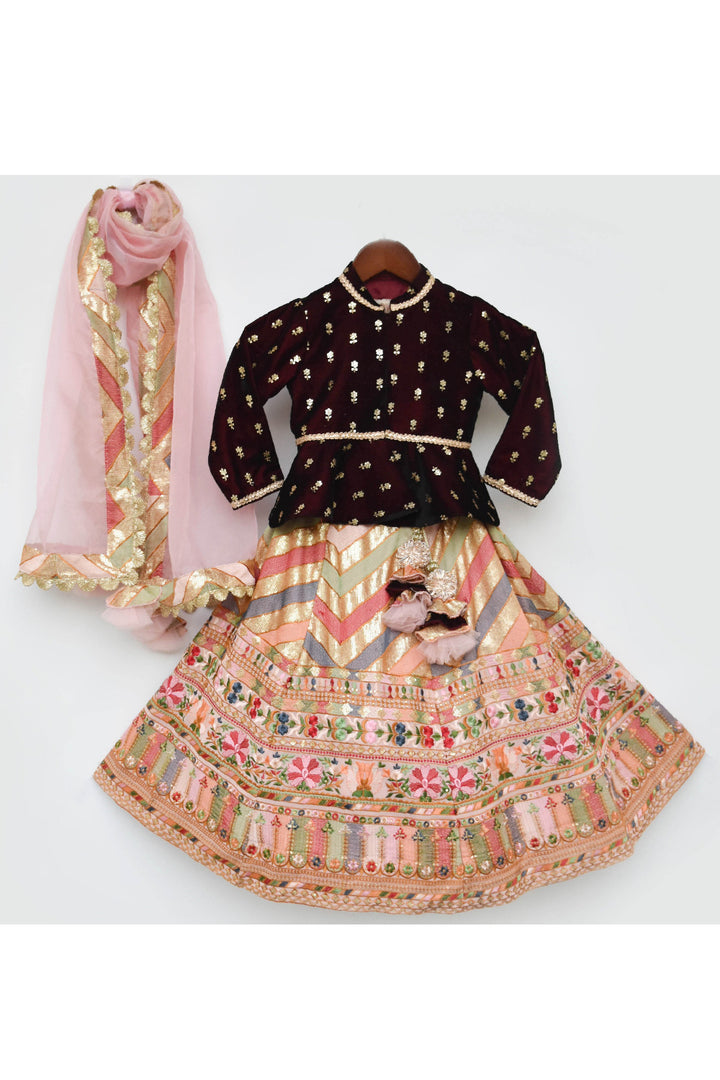 Maroon Embroidered Velvet Peplum Style Top With Lehenga Set