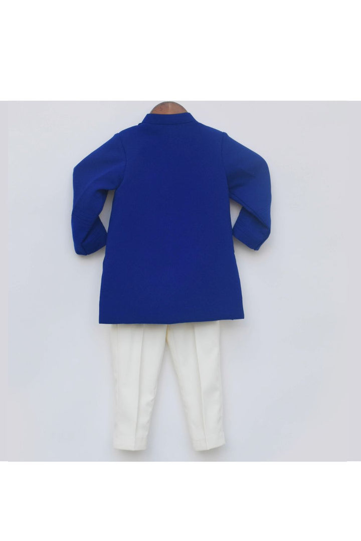 Blue Full Sleeves Bandgala With White pant Set