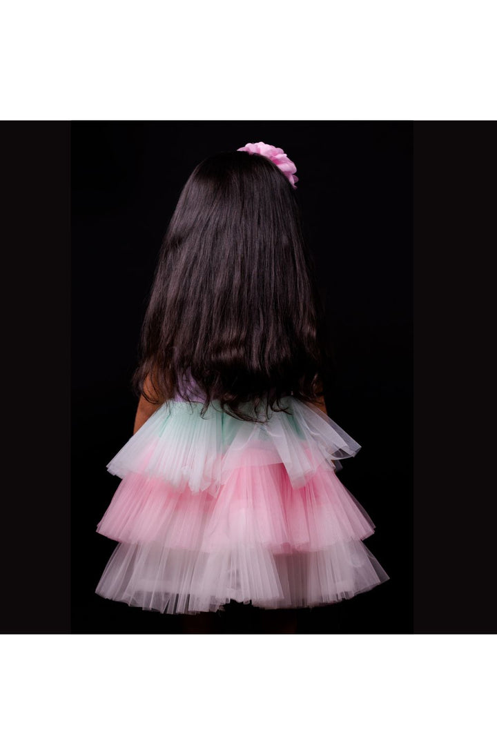 Multicolor Bow Detailing One Shoulder Net Frill Dress