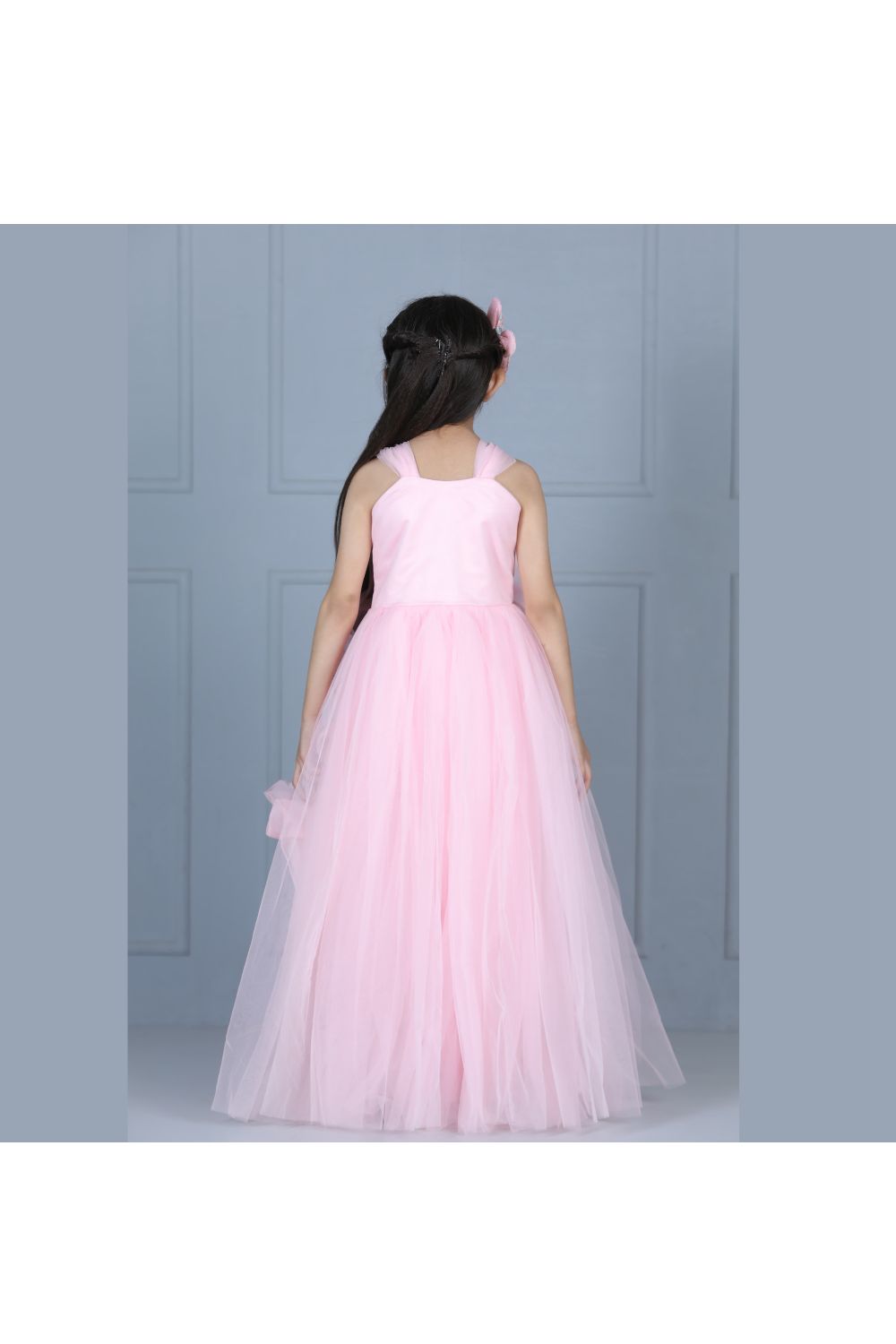 Pink Bead Embroidered Flower Detailing Net Gown