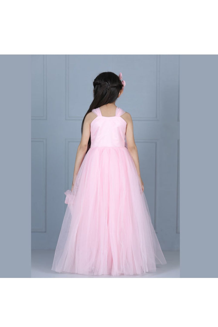 Pink Bead Embroidered Flower Detailing Net Gown