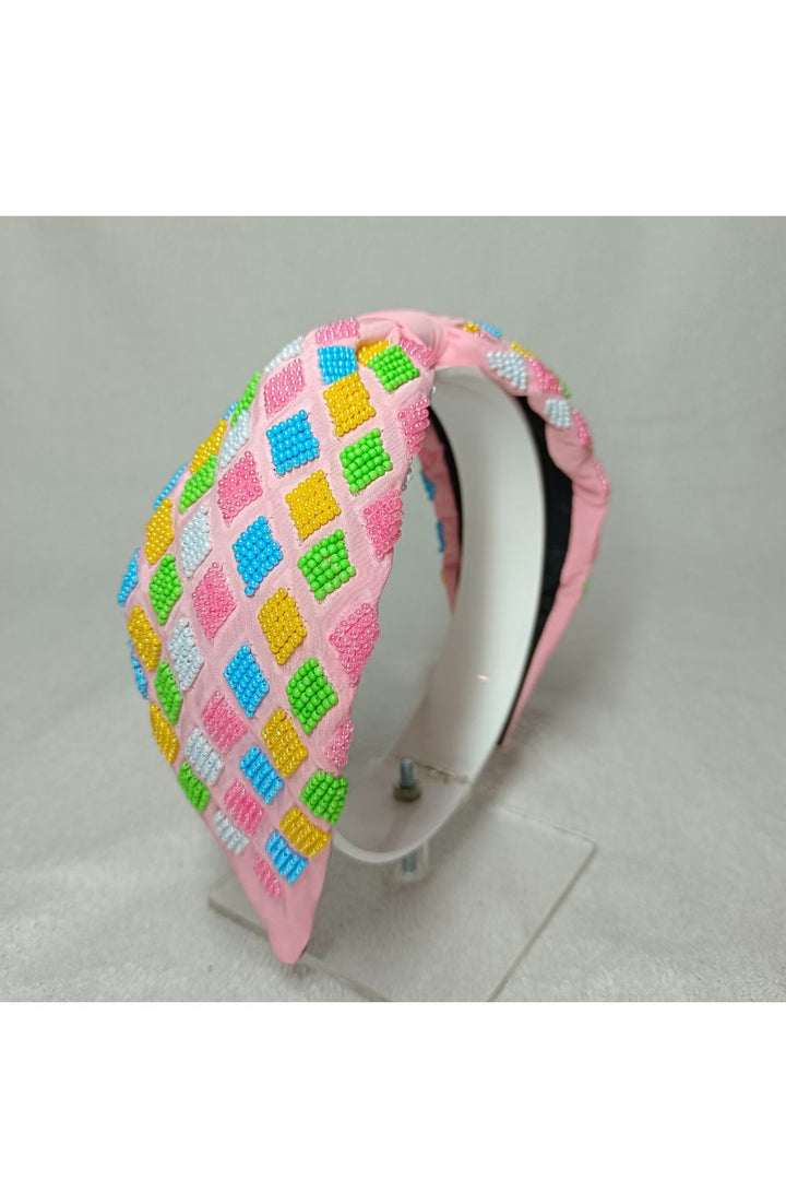 Pink Beads Embroidered Crepe Hairband