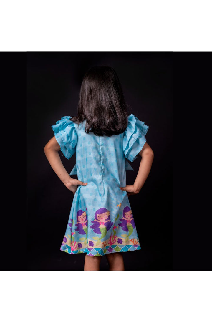 Blue Mermaid Printed Bow Satin Dress